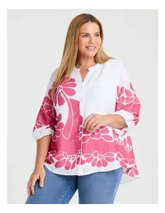 Natural Floral Button Top in White/Raspberry Pink