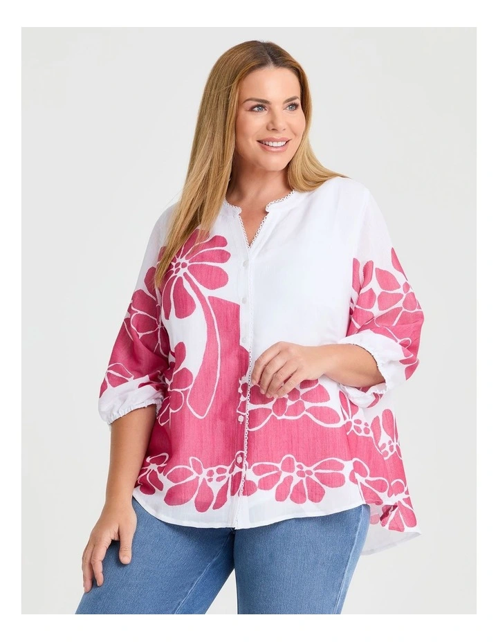 Natural Floral Button Top in White/Raspberry Pink image 1