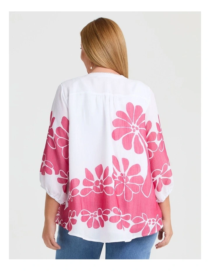 Natural Floral Button Top in White/Raspberry Pink image 2