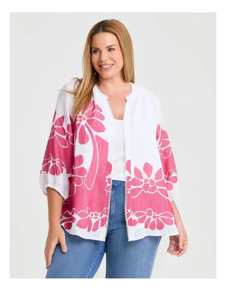 Natural Floral Button Top in White/Raspberry Pink image 3