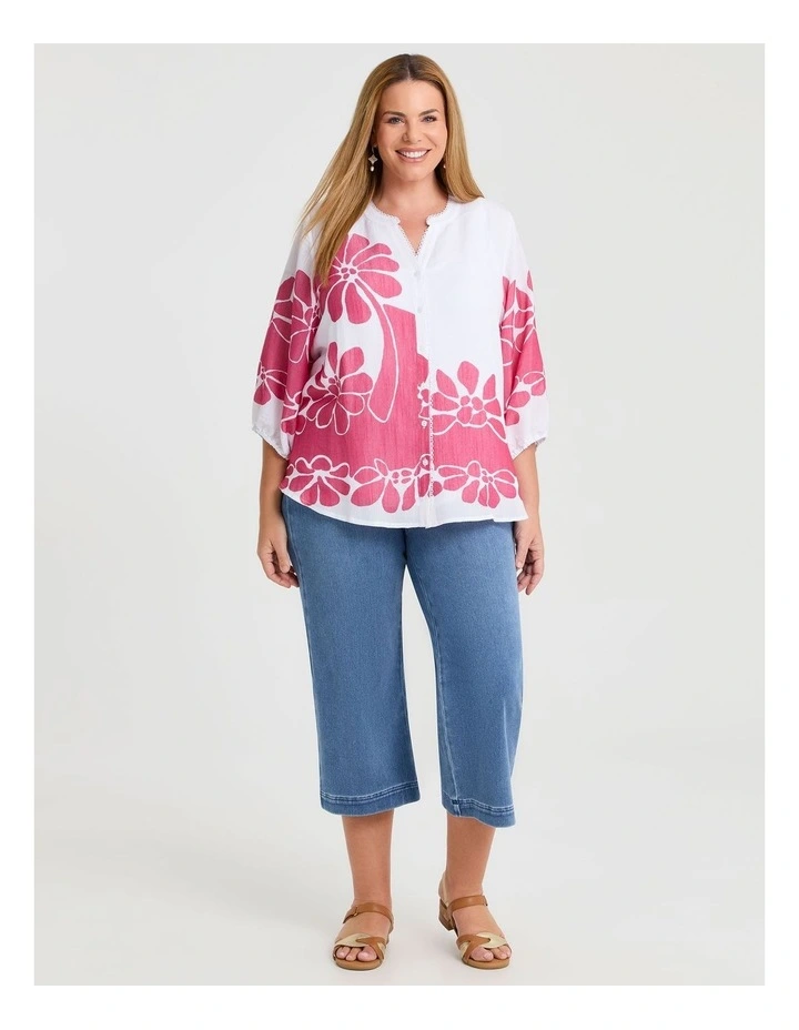 Natural Floral Button Top in White/Raspberry Pink image 4