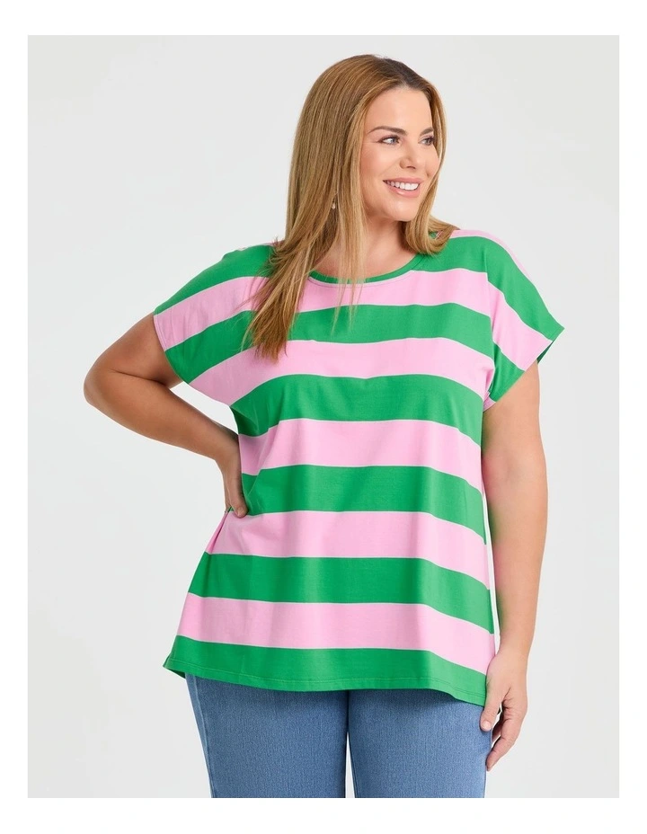 Cotton Block Stripe T-shirt Kelly Green/mid Pink image 1