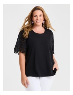 Cotton Broderie Sleeve T-shirt in Black