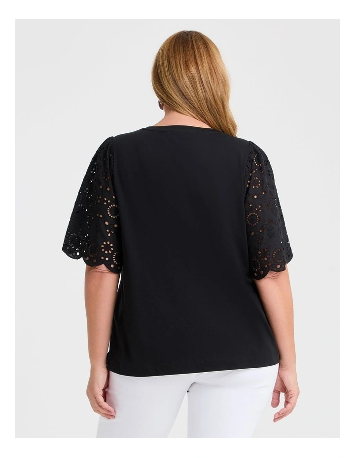 Cotton Broderie Sleeve T-shirt in Black image 2