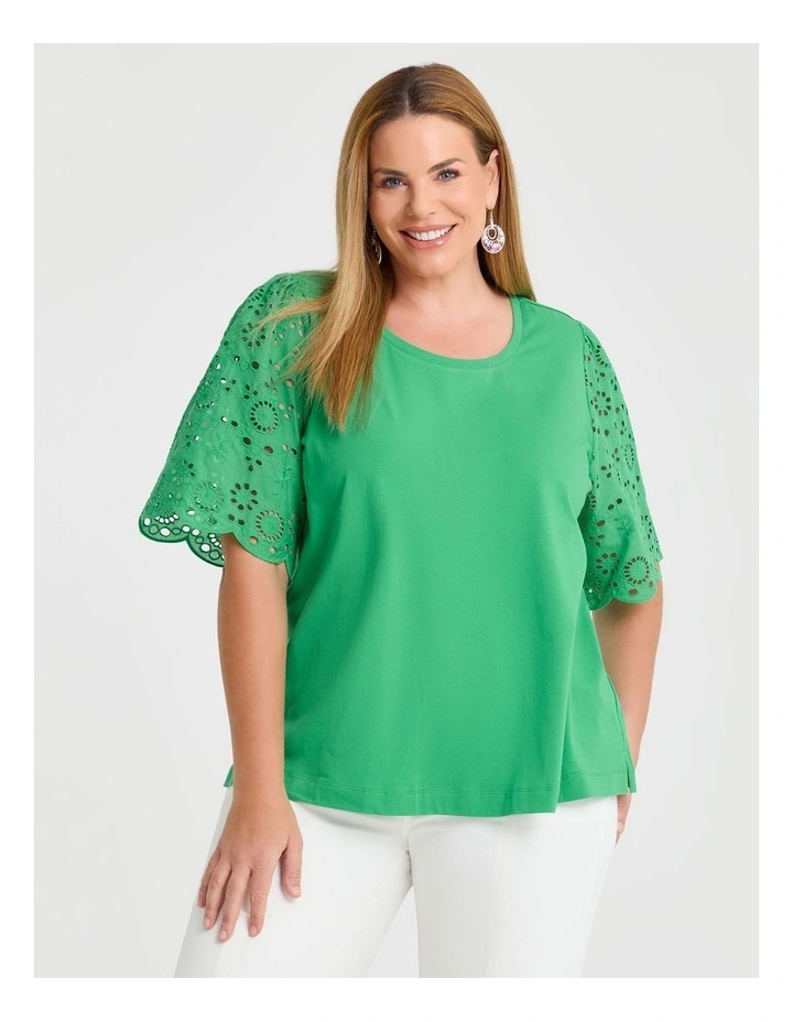 Cotton Broderie Sleeve T-shirt Kelly Green image 1