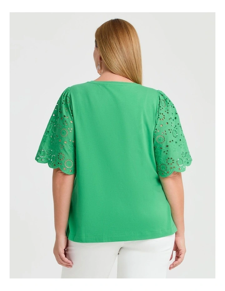 Cotton Broderie Sleeve T-shirt Kelly Green image 2