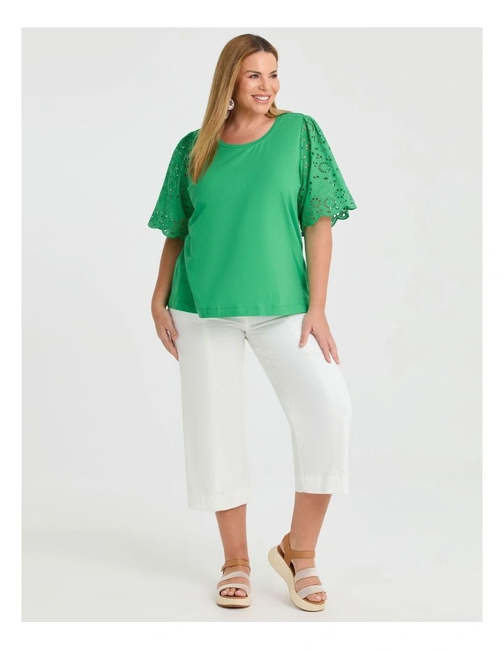 Cotton Broderie Sleeve T-shirt Kelly Green image 3