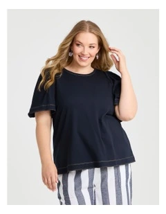 Cotton Contrast Stitch Top Navy