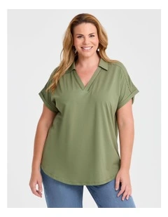 Cotton Collared Ladder Trim Top Kale