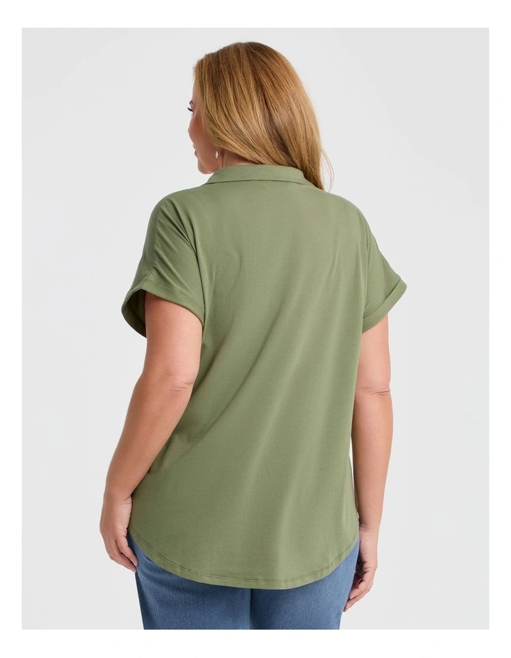 Cotton Collared Ladder Trim Top Kale image 2