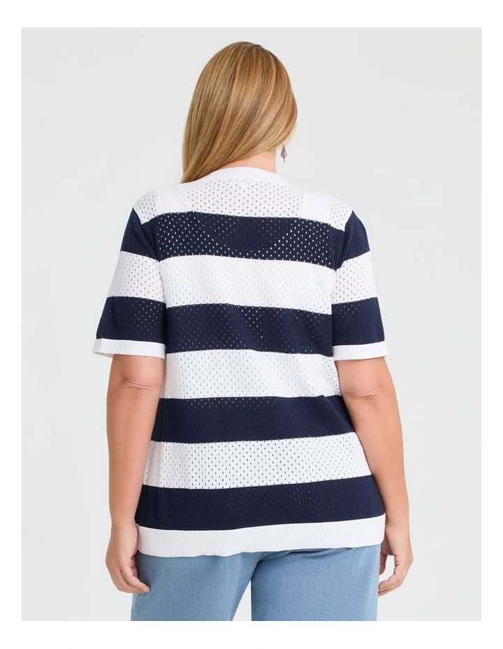 Cotton Button Up Knit Cardigan in White/Navy image 2