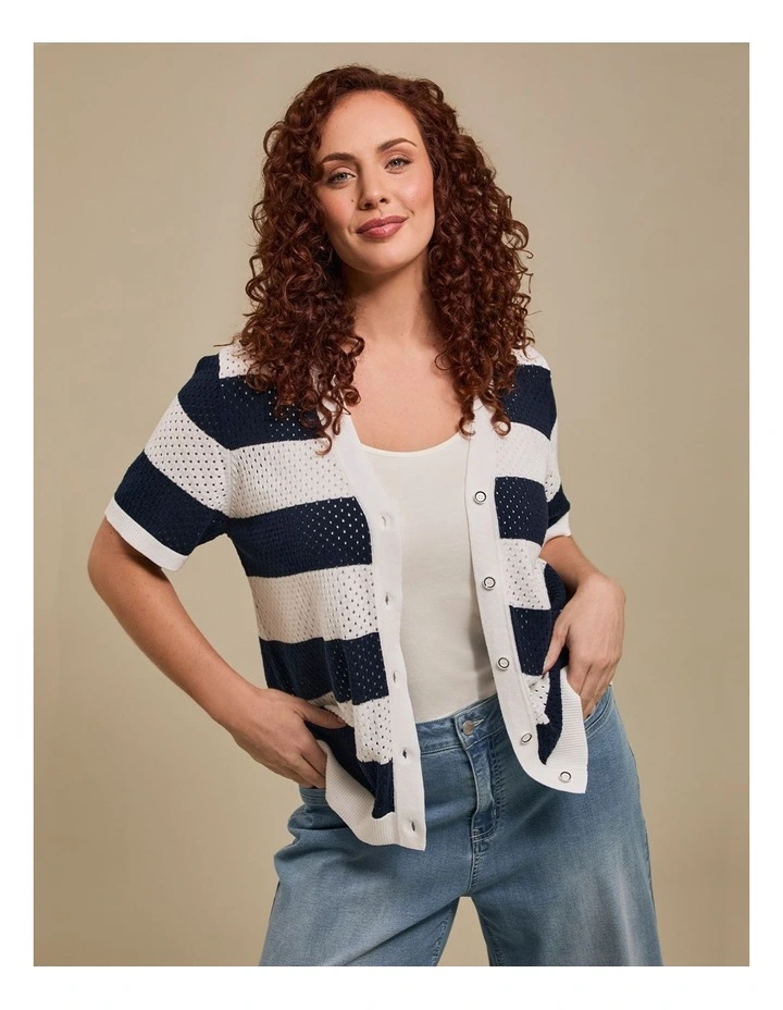 Cotton Button Up Knit Cardigan in White/Navy image 5