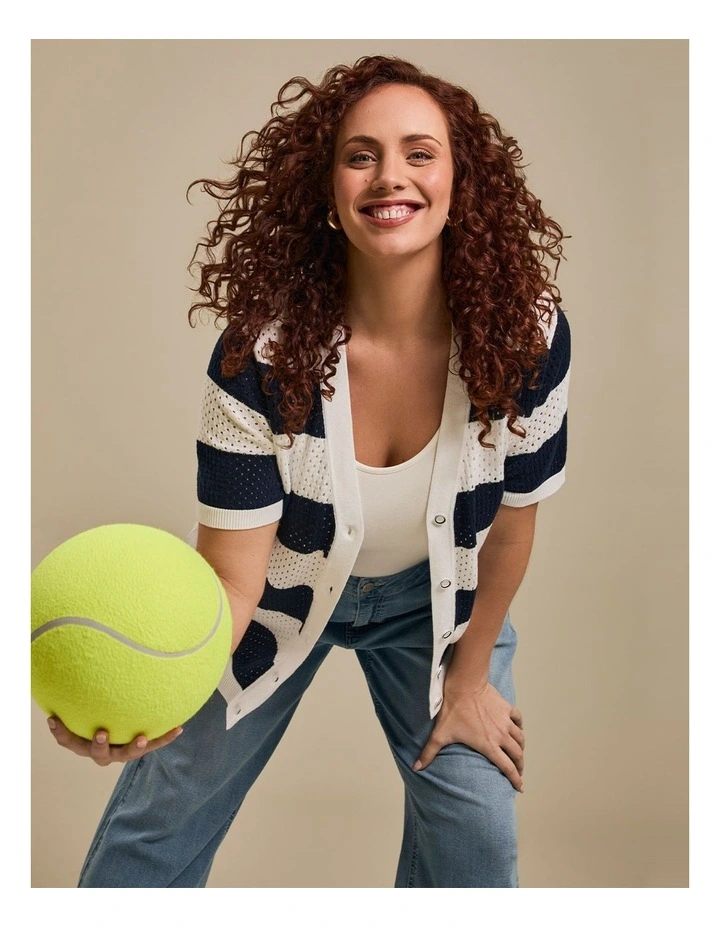 Cotton Button Up Knit Cardigan in White/Navy image 6