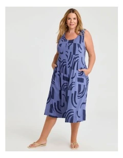 Pintuck Natural Pinafore Dress Chambray Blue Print