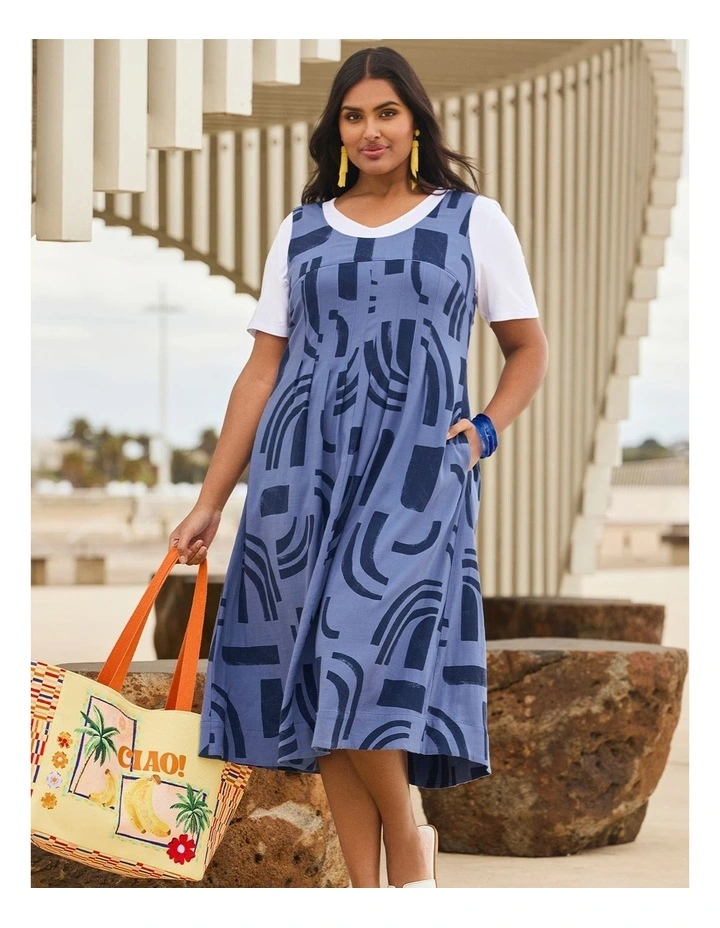 Pintuck Natural Pinafore Dress Chambray Blue Print image 4