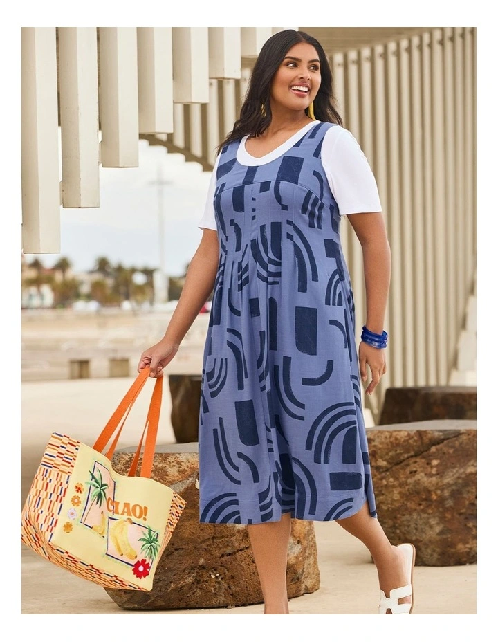 Pintuck Natural Pinafore Dress Chambray Blue Print image 5