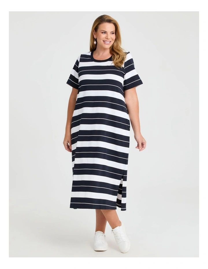 Cotton Block Stripe Maxi Dress in Navy/White image 1