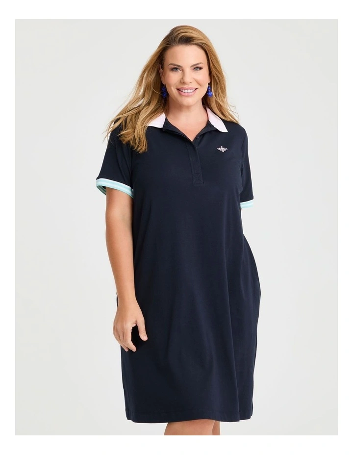Cotton Baseline Polo Dress in Navy image 3