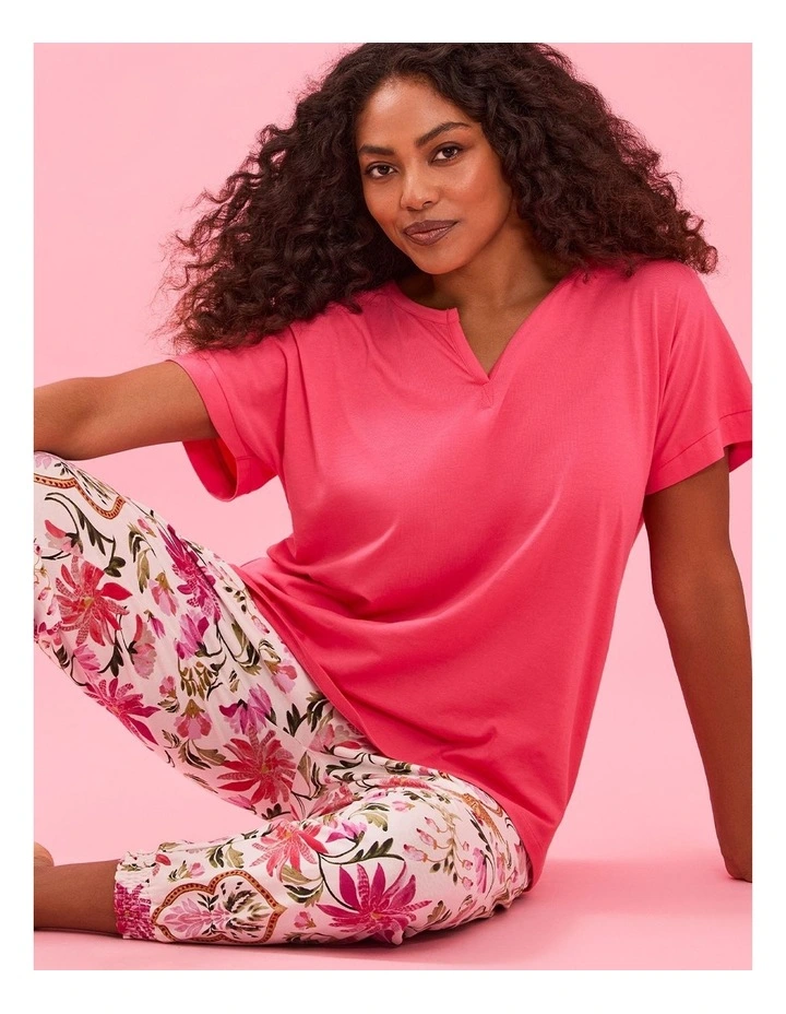 Australian Cotton Henley Pyjama Top in Neon Coral Pink image 3