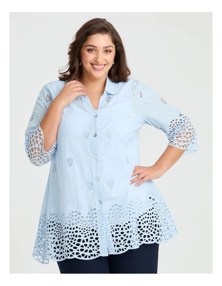 Broderie Border Cotton Shirt Dusty Blue image 1