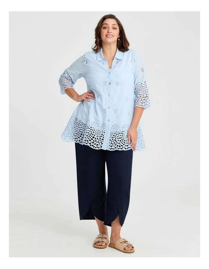 Broderie Border Cotton Shirt Dusty Blue image 3