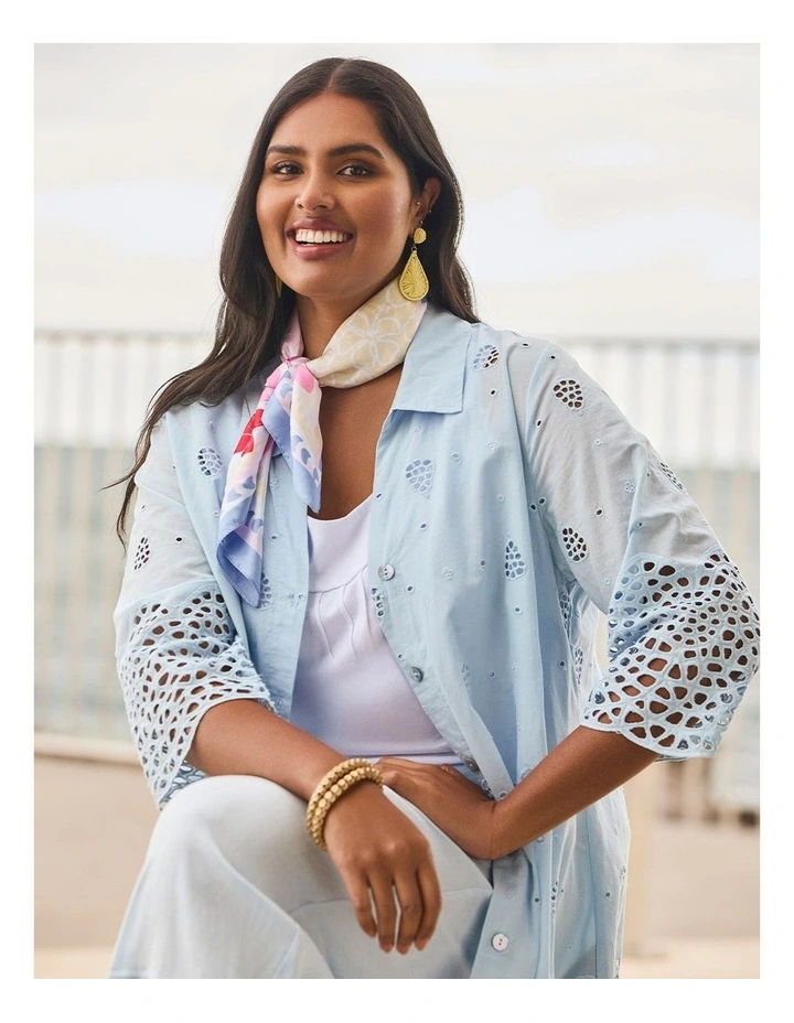 Broderie Border Cotton Shirt Dusty Blue image 5