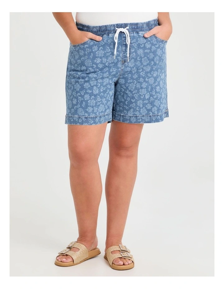 Cotton Blend Denim Floral Shorts in Vintage Blue image 1