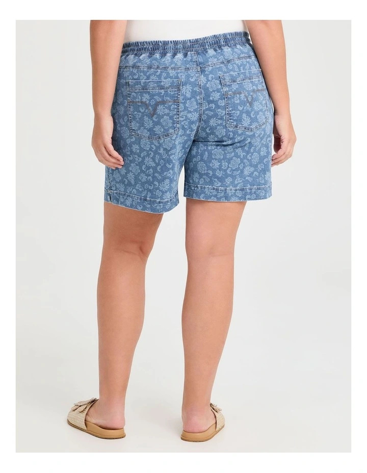 Cotton Blend Denim Floral Shorts in Vintage Blue image 2