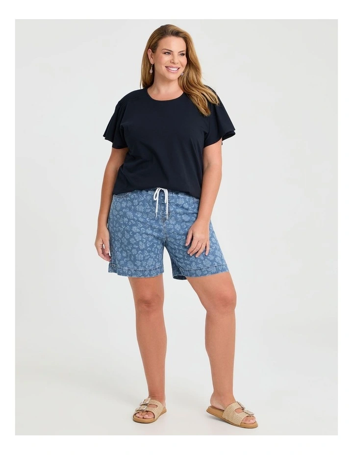 Cotton Blend Denim Floral Shorts in Vintage Blue image 3