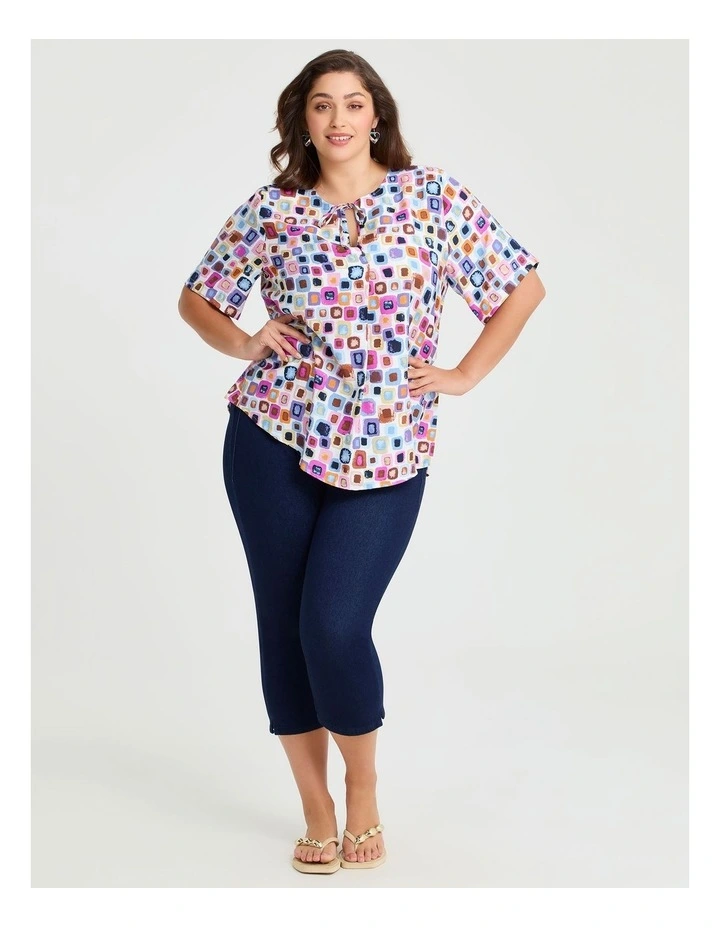 Tie Neck Check Natural Top Print image 2