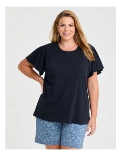 Cotton Pintuck Flutter Top in Navy