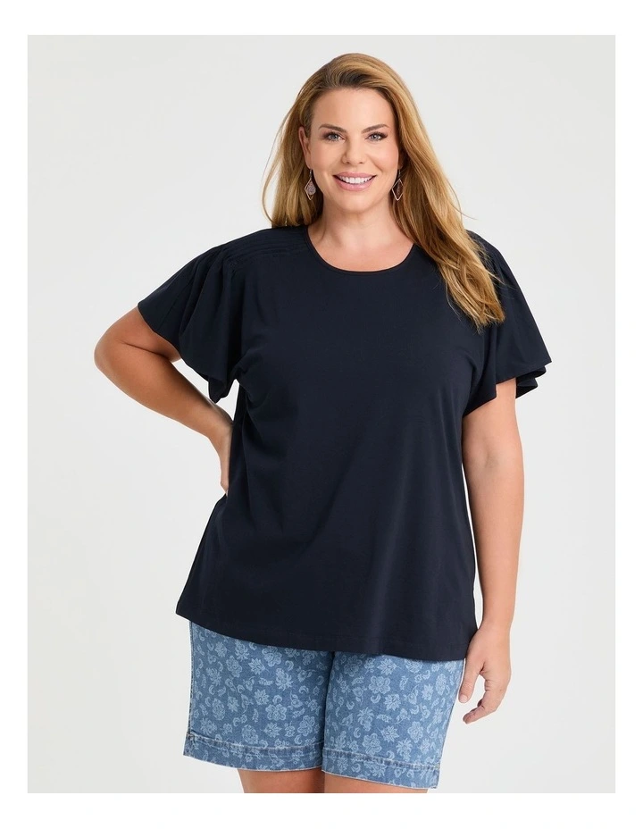 Cotton Pintuck Flutter Top in Navy image 1