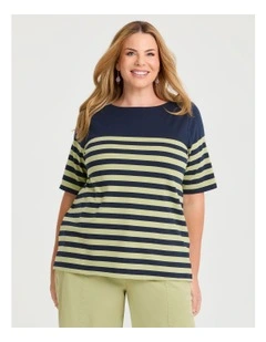Cotton Breton Stripe Top Navy/matcha
