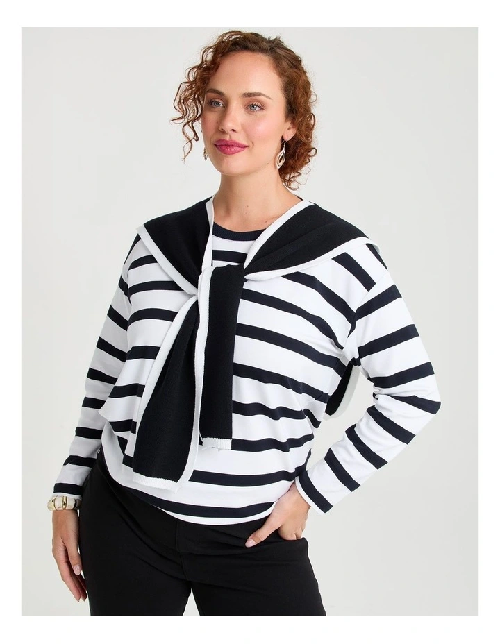 On The Shoulder Tie Up Top in White/Black image 4