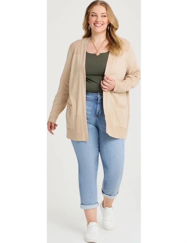 Natural Rib Detail Long Cardigan Fawn image 3