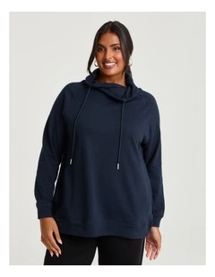Drawstring Collar Sweat Top in True Navy