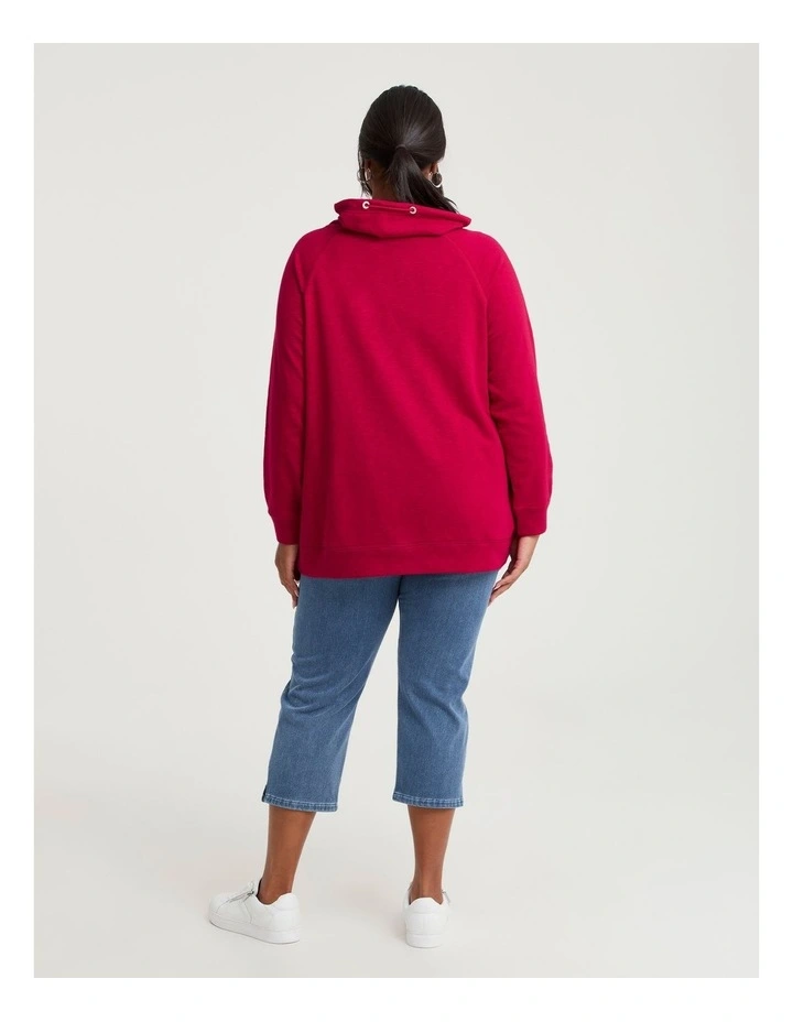 Drawstring Collar Sweat Top in Ruby Red image 2