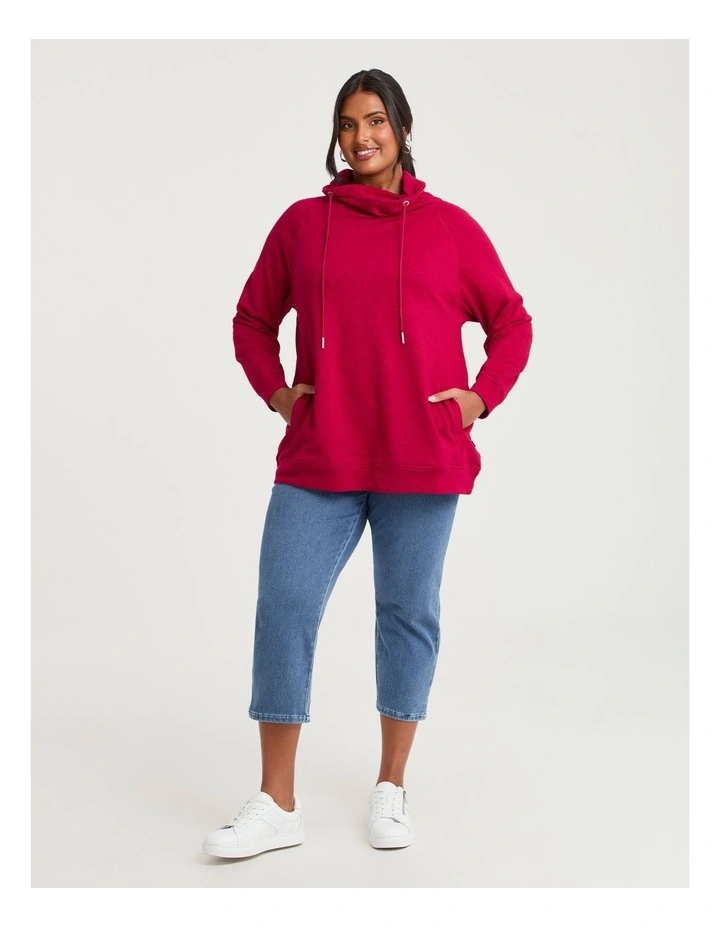 Drawstring Collar Sweat Top in Ruby Red image 3
