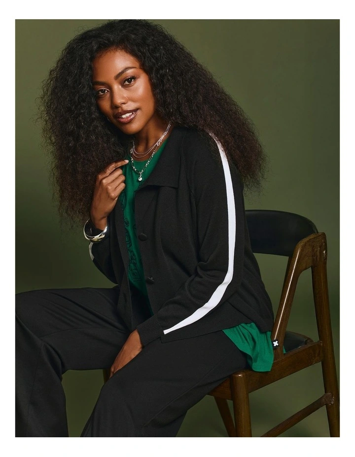 Stripe Trim Button Front Cardigan Black image 4