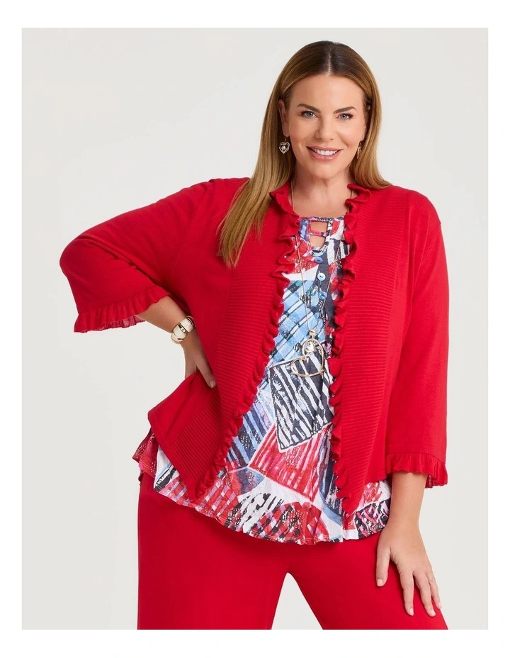 Ruffle Detail Natural Cardigan in Racing Red image 1
