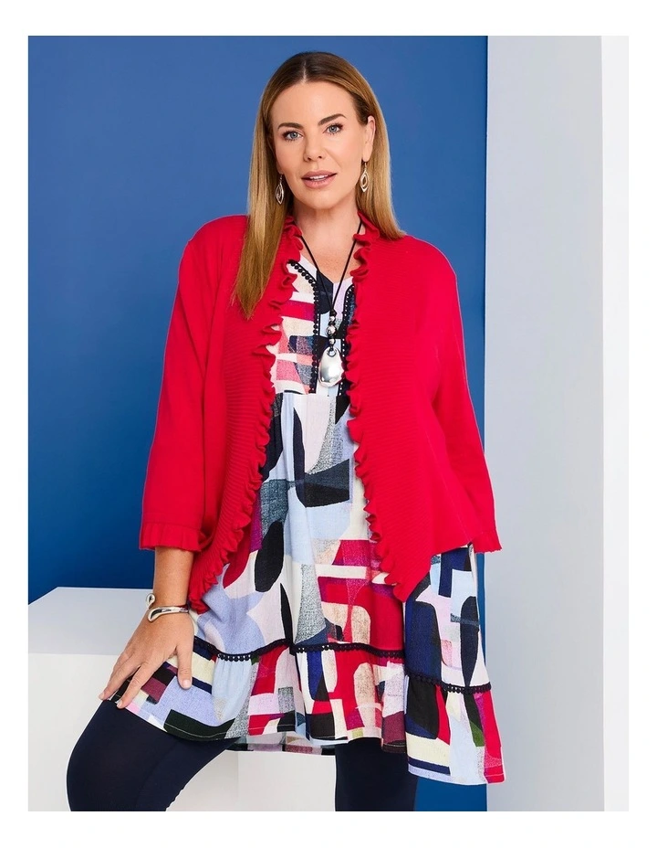 Ruffle Detail Natural Cardigan in Racing Red image 4