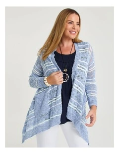 Stripe Drape Cotton Cardigan in Chambray/White
