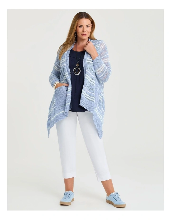 Stripe Drape Cotton Cardigan in Chambray/White image 3