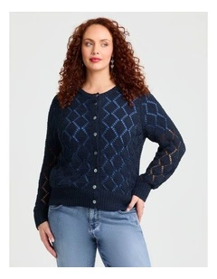 Cotton Blend Open Knit Cardigan Navy