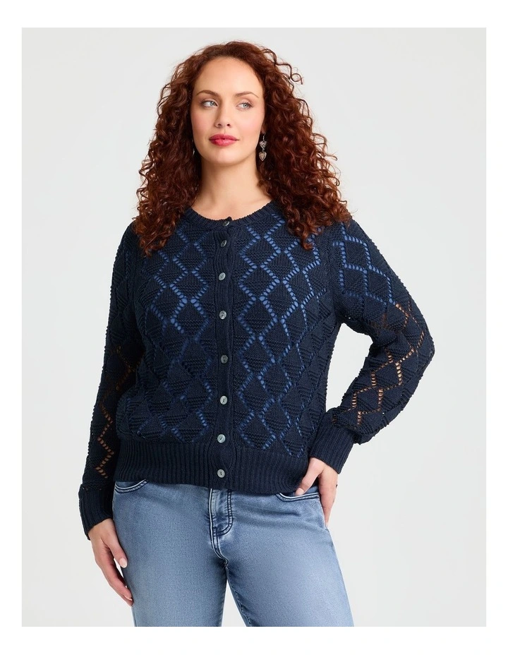 Cotton Blend Open Knit Cardigan Navy image 1