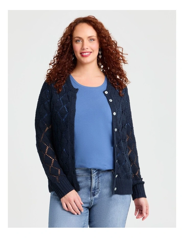 Cotton Blend Open Knit Cardigan Navy image 3
