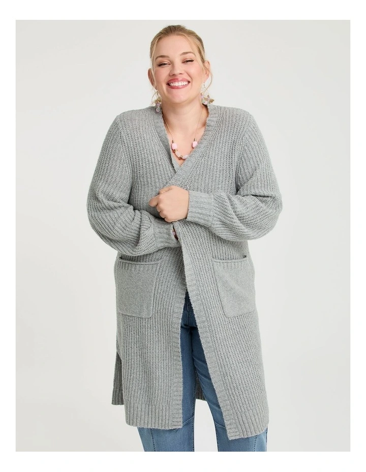 Longline Pocket Rib Cardigan in Grey Marle image 3