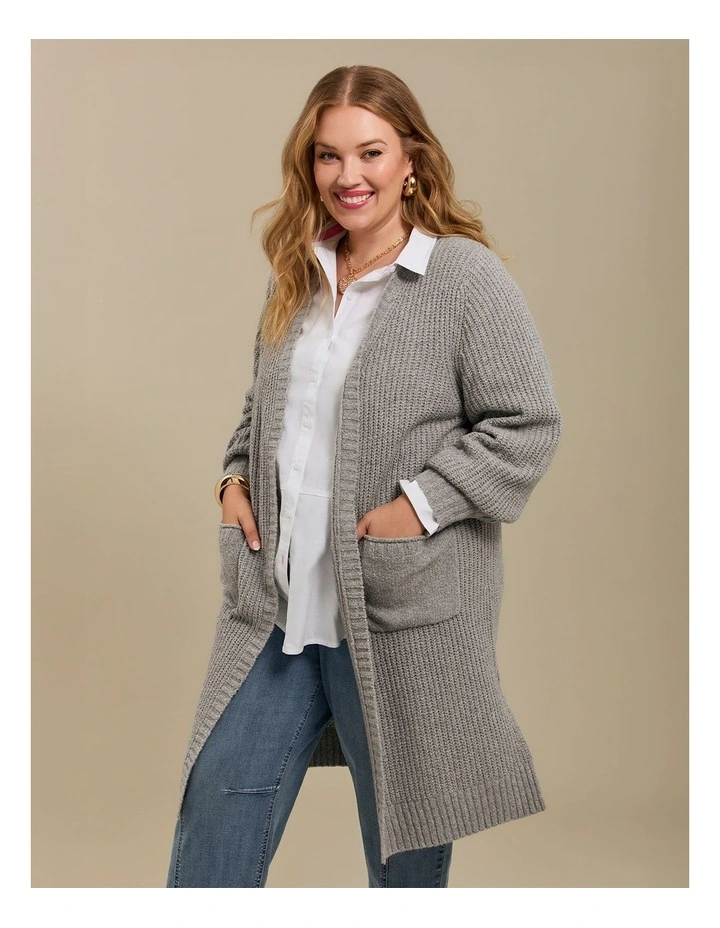 Longline Pocket Rib Cardigan in Grey Marle image 4