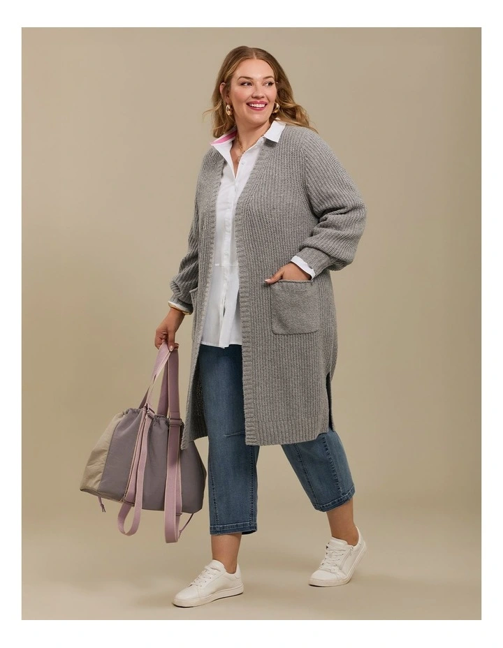 Longline Pocket Rib Cardigan in Grey Marle image 5