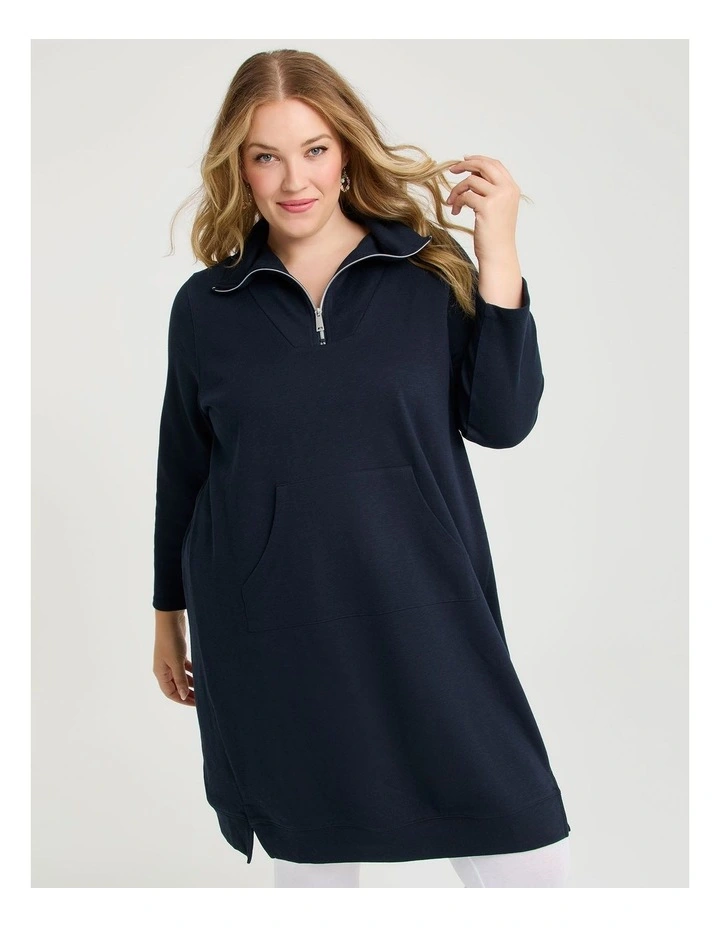 Zip Collar Long Sleeve Sweat Dress in True Navy image 3